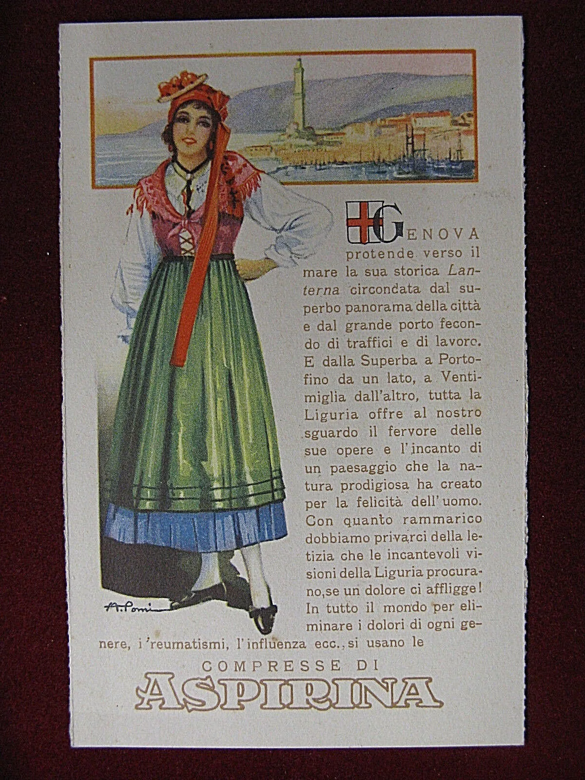 ILLUSTRATA Genova Pubblicità Compresse Aspirina  anni 20/30 no viaggiata #13165