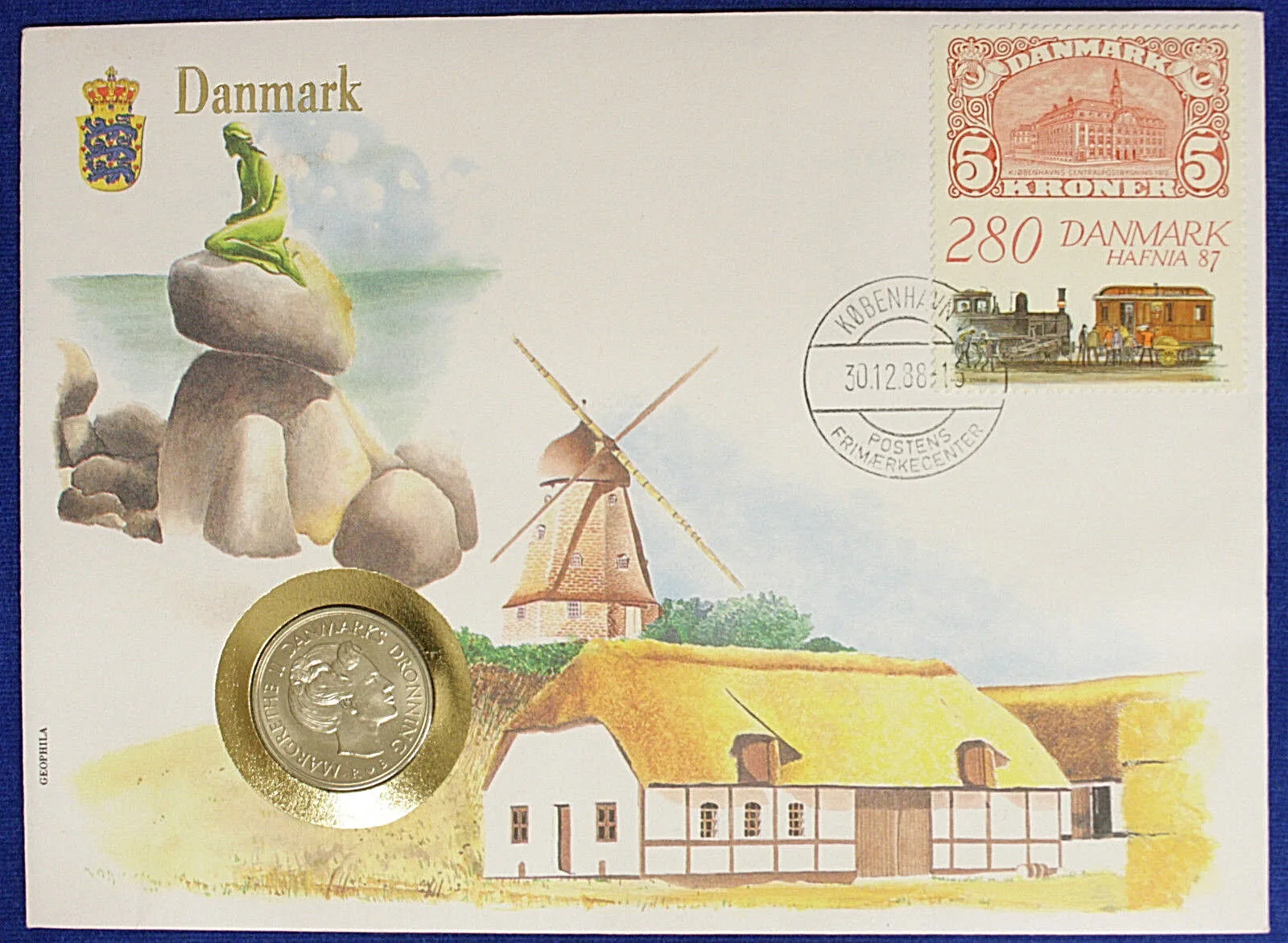 Busta Numismatica Danimarca 1 Krone 1988 + Francobollo #3