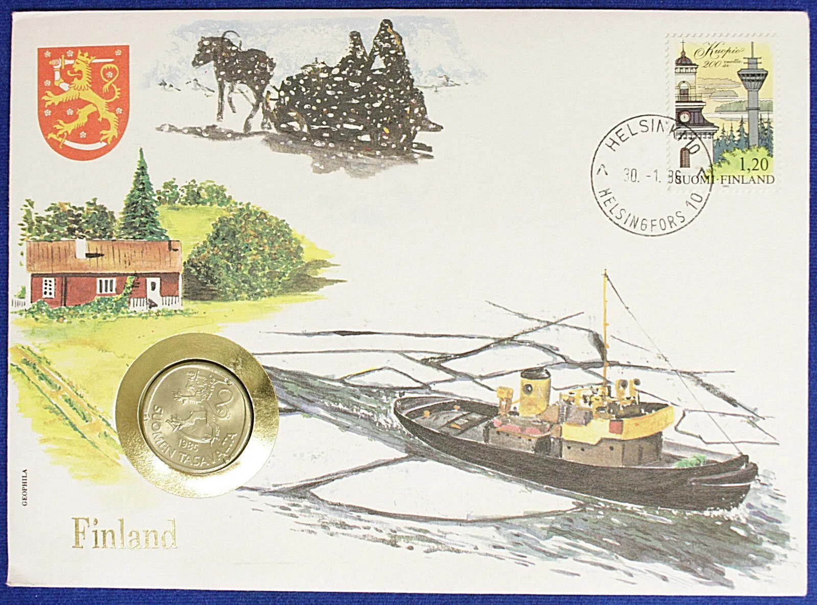 Busta Numismatica FINLANDIA 1 Markkaa 1985 + Francobollo #21