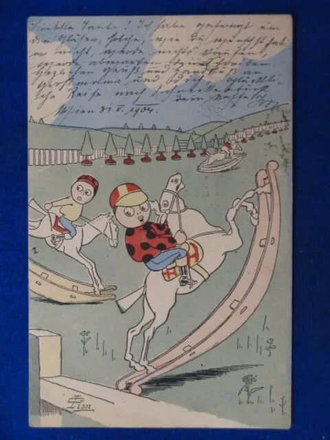 ILLUSTRATA LION G. bimbi su cavallo a dondolo viaggiata “900 #14655