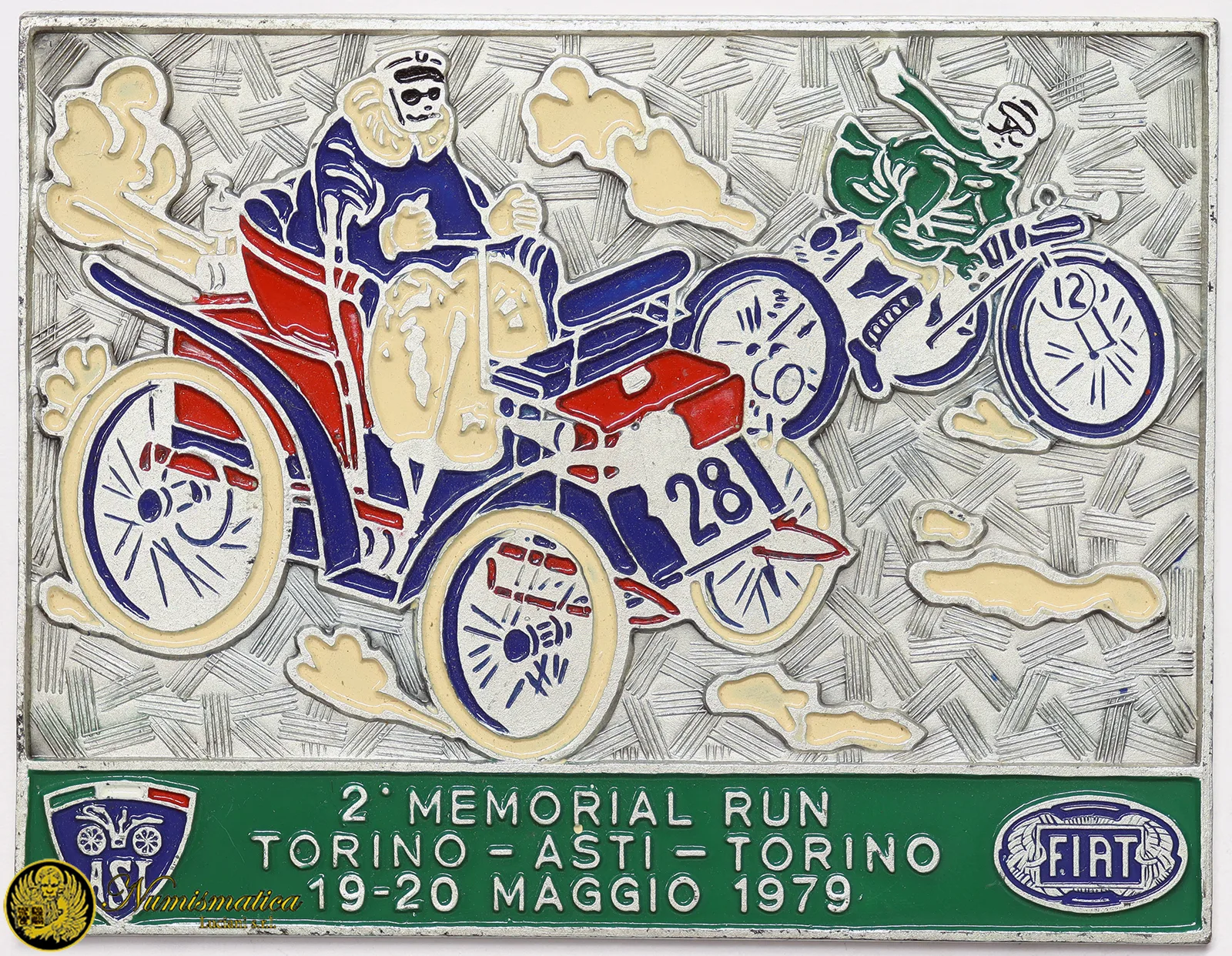 Placca 2° Memorial Run Torino Asti 1979 ASI (Automotoclub Storico Italiano) FIAT con smalti 86×66 mm #KG310