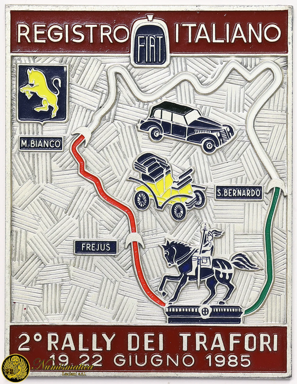 Placca 2° Rally dei Trafori 1985 Registro Italiano FIAT con smalti 85×66 mm #KG317
