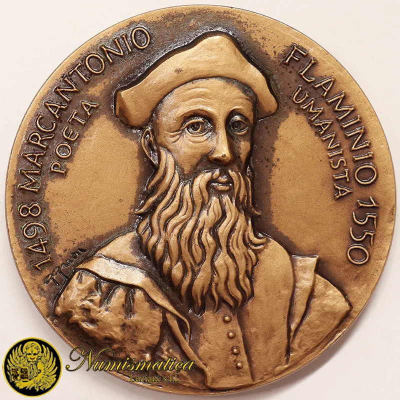 MEDAGLIA COMMEMORATIVA UMANISTA MARCANTONIO FLAMINIO SERRAVALLE 1998 Bronzo Ø 71 mm #KG451