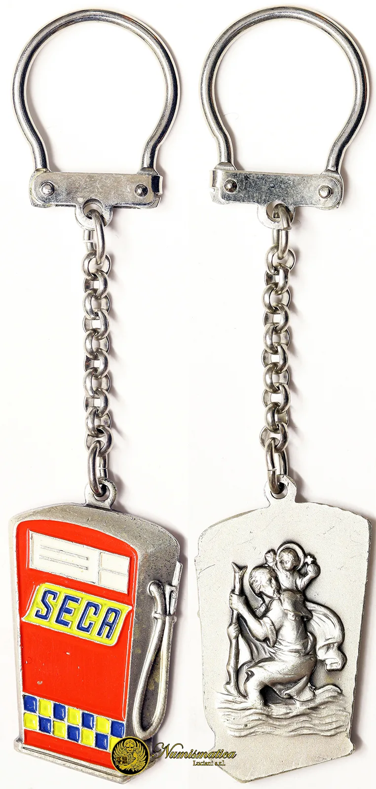 PORTACHIAVI Pompa di benzina vintage SECA e San Cristoforo con smalti 38×22 mm #KP993