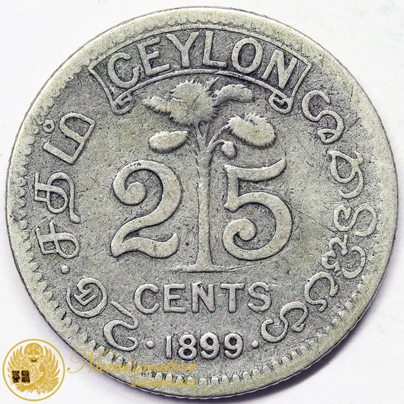 Ceylon Sri Lanka 25 Cents 1899 Regina Vittoria argento #7270