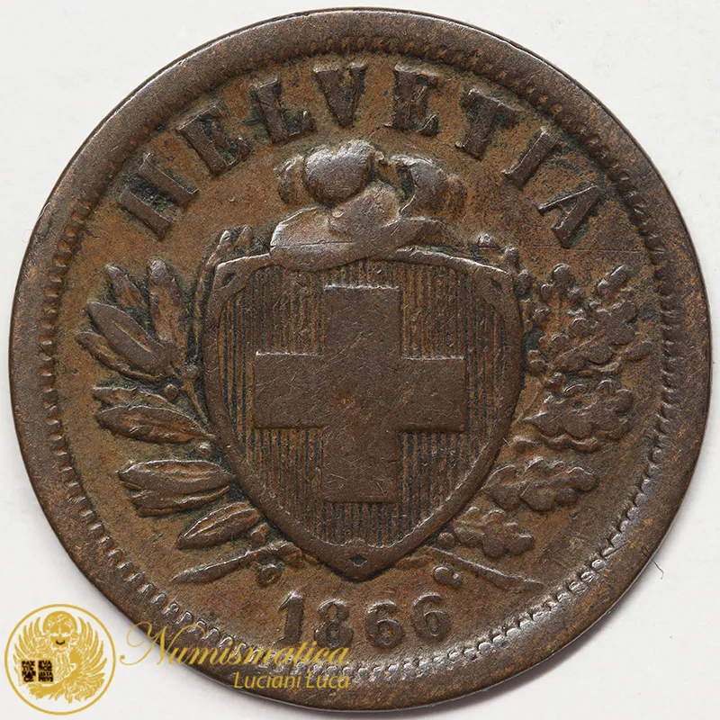 SVIZZERA 2 RAPPEN 1866 B croce larga BB #7468