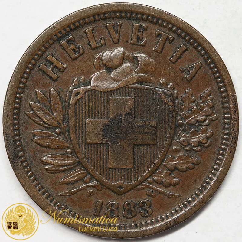 SVIZZERA 2 RAPPEN 1883 B croce larga Spl #7505
