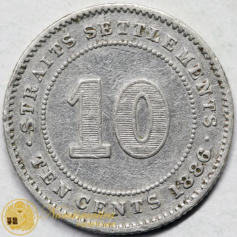 Straits Settlements 10 Cents 1886 Vittoria Ag #7857
