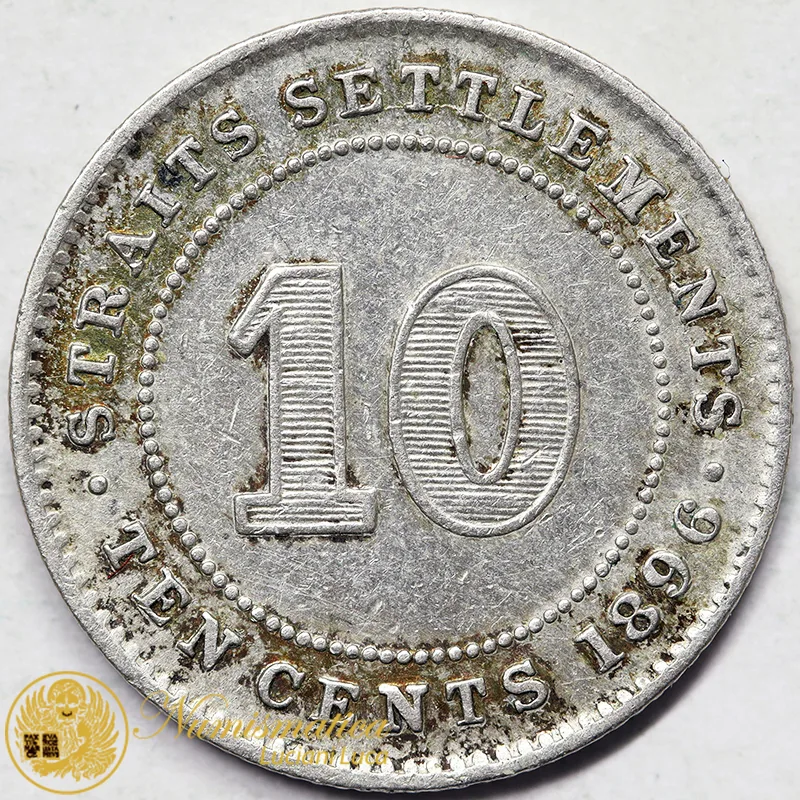 Straits Settlements 10 Cents 1896 Vittoria Ag #7872