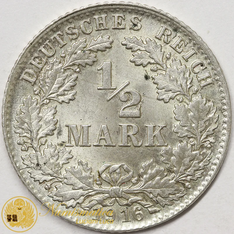 GERMANIA 1/2 MARK 1916 D ARGENTO #3817