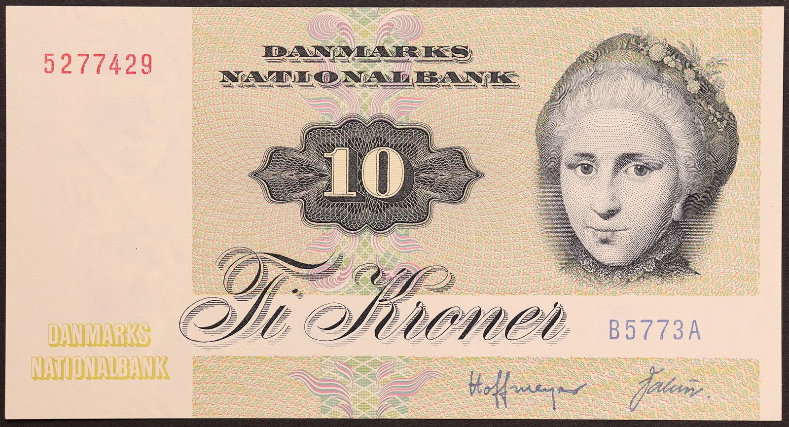 Danimarca 10 Kroner 1977 Prefix B5 Pick#48g #B253