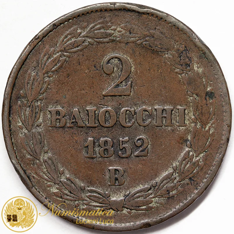 STATO PONTIFICIO 2 BAIOCCHI 1852 VI BOLOGNA Pio IX 1849-66 RARO #4398
