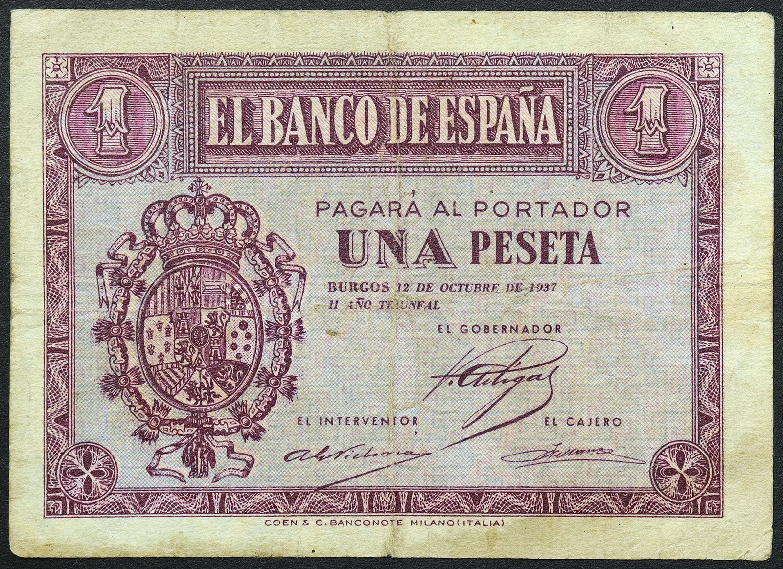 SPAGNA 1 Peseta 12-10-1937 Pick#104a #B859
