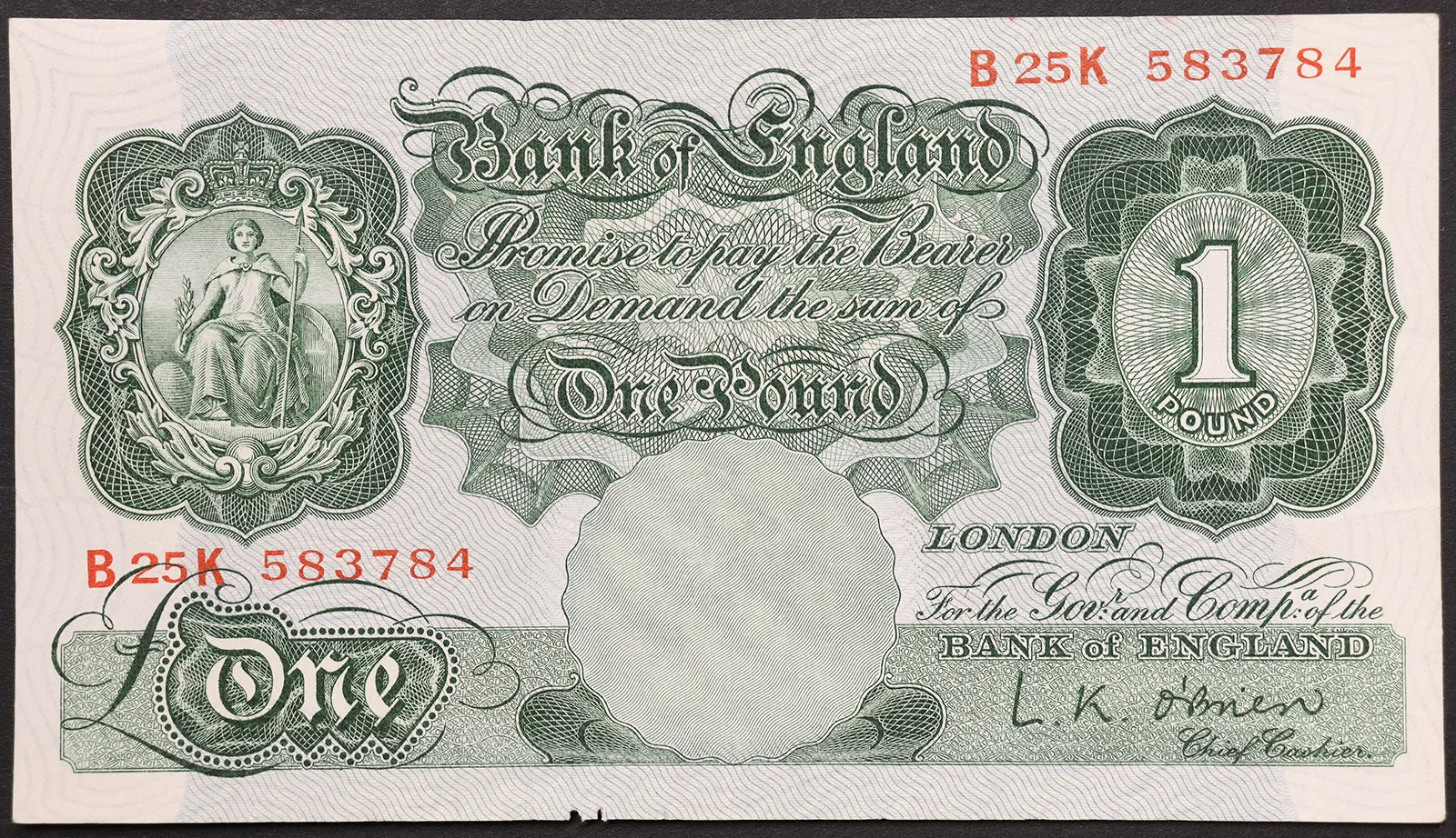 ENGLAND 1 Pound 1955-1960 Q.SPL Pick#369c firma O’Brien #B895