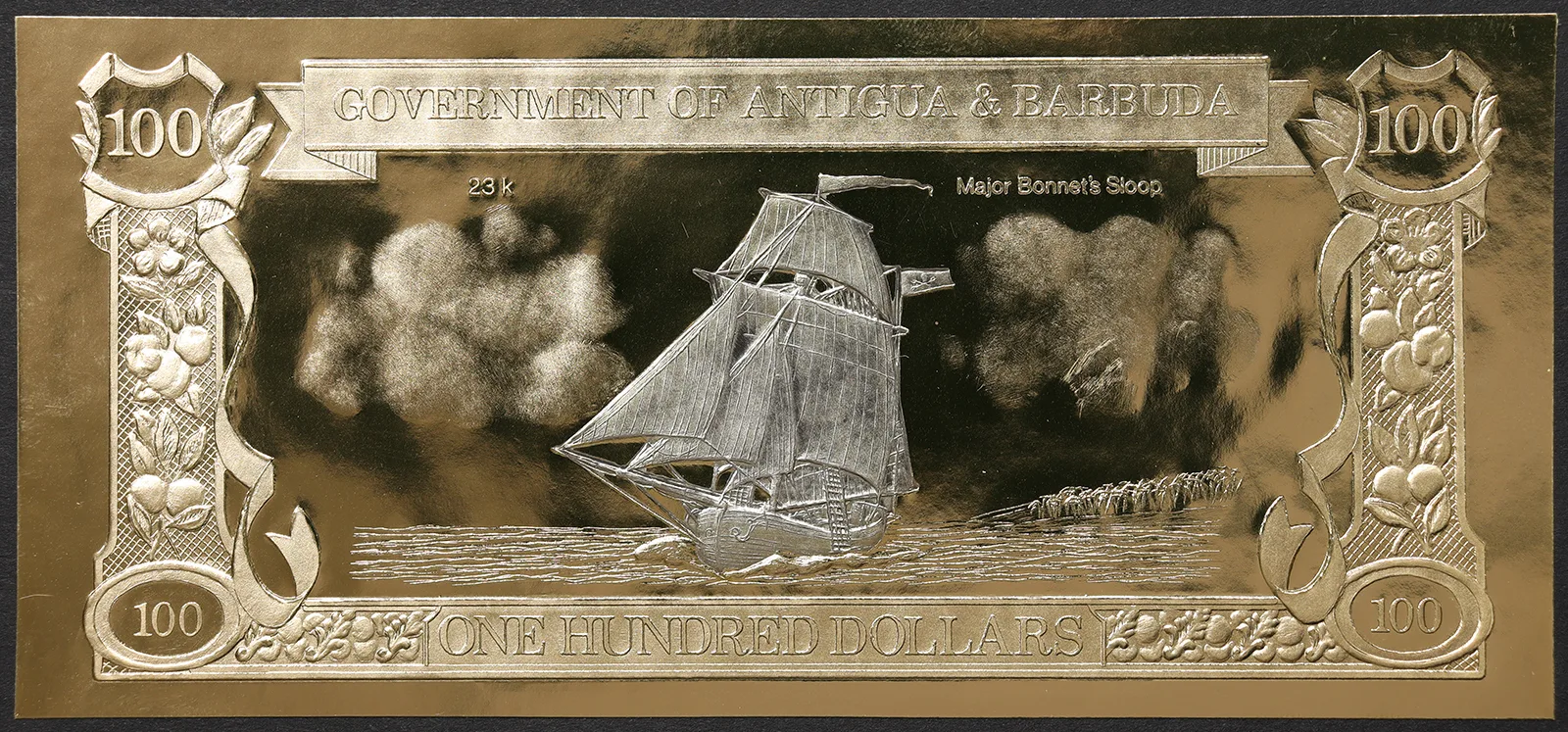 ANTIGUA e BARBUDA 100 Dollari 1981 FDS in lamina d’oro Veliero dei Pirati #B1198