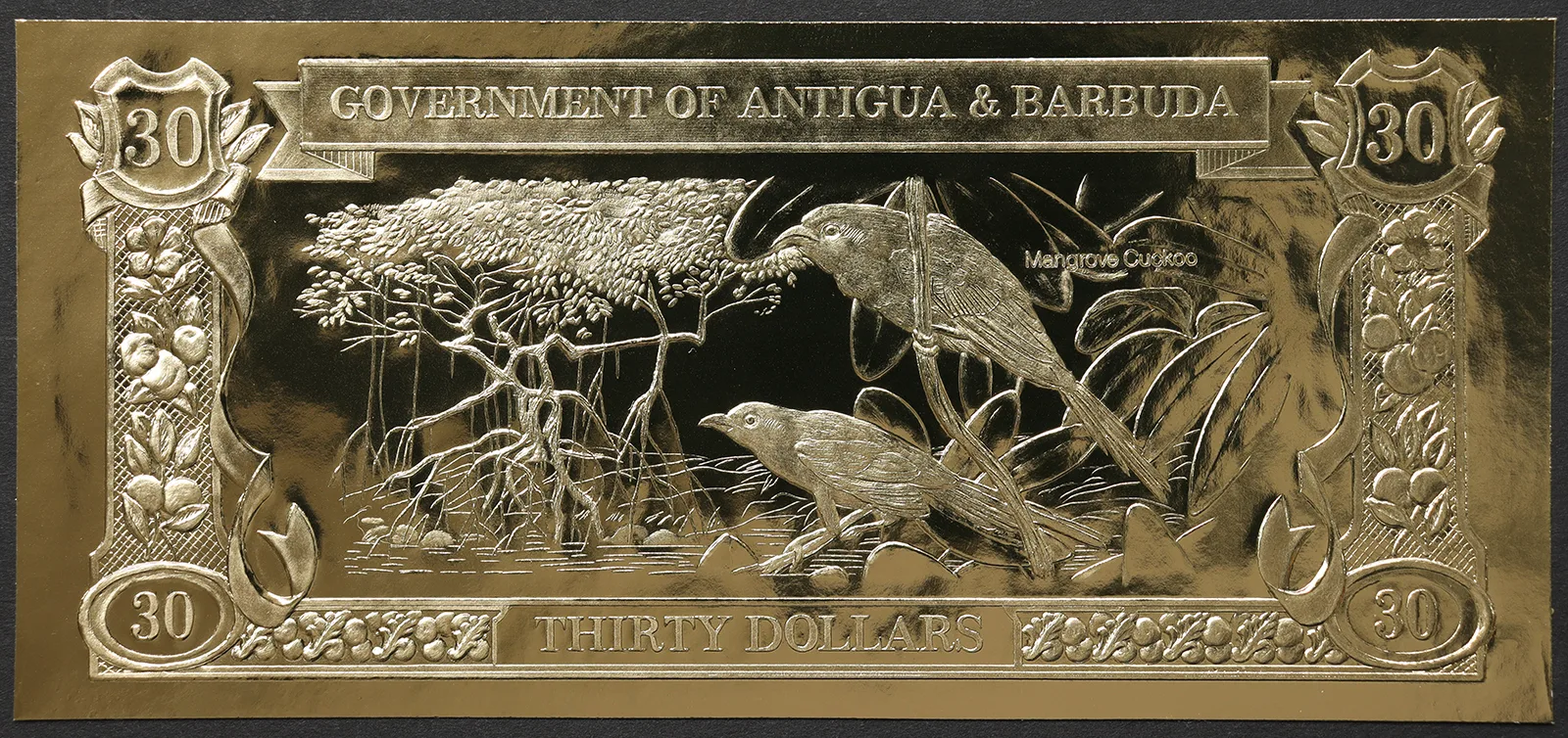Antigua e Barbuda 30 Dollari 1985 FDS im lamina d’oro Mangrove Cuckoo #B1203