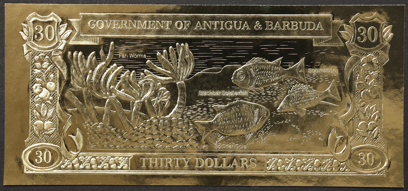 Antigua e Barbuda 30 Dollari 1985 in lamina d’oro Squirrelfish Soldierfish #B1215