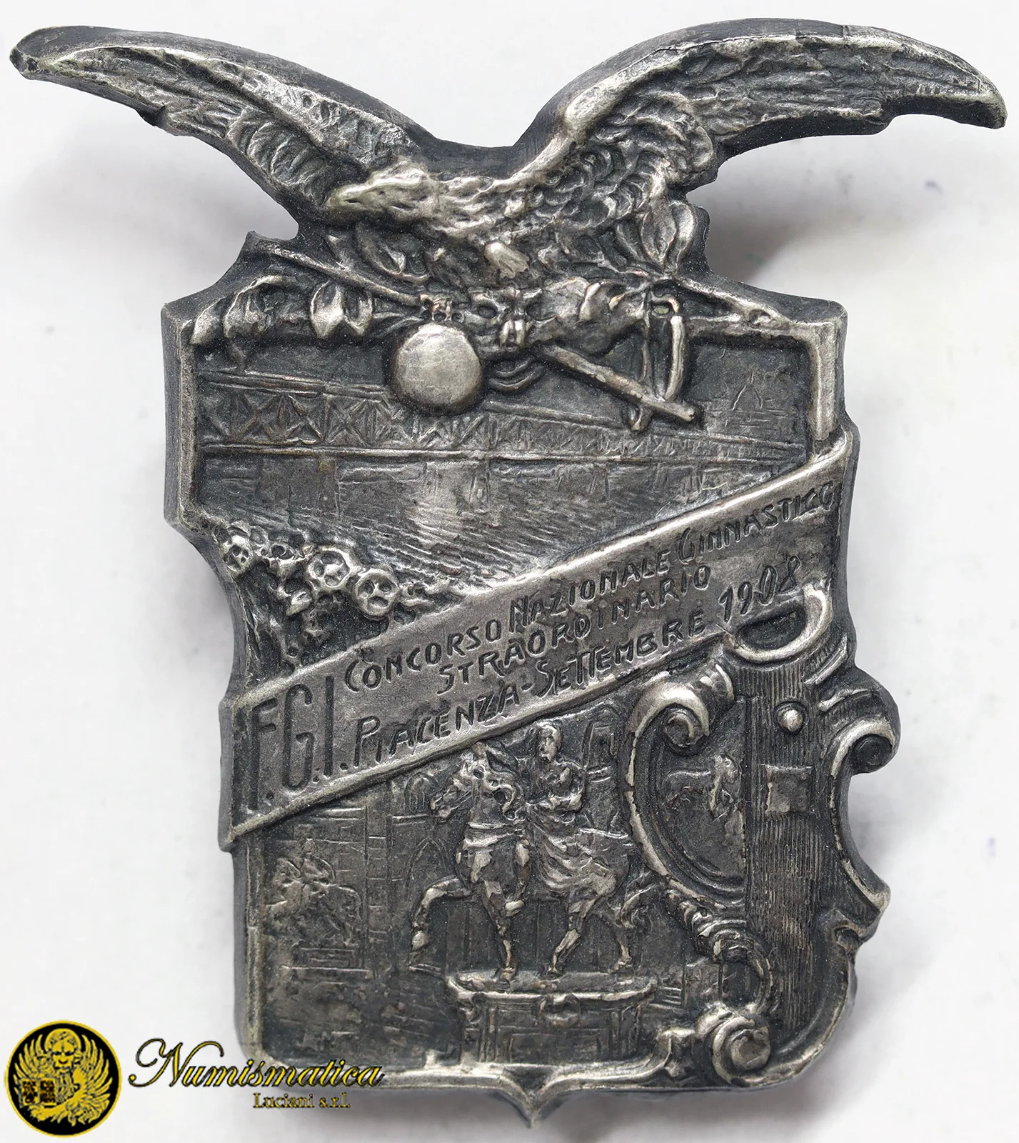SPILLA FEDERAZIONE GINNASTICA D’ITALIA CONCORSO NAZIONALE PIACENZA 1908 46×42 mm #49