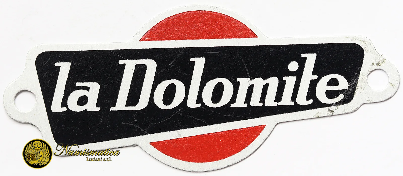 Targhetta Pubblicitaria La Dolomite calzature per alpinismo 65×28 mm Alluminio verniciato #MDS46