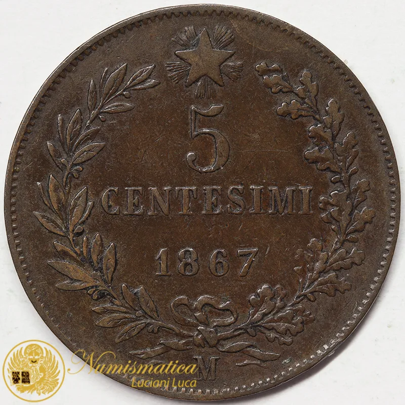 VITTORIO EMANUELE II 5 Centesimi 1867 Milano BB+ #5696