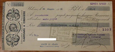 DISTILLERIA AGRICOLA FRIULANA ASSEGNO DA 357,45 LIRE UDINE 1926 #F259