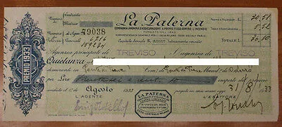 LA PATERNA ASSICURAZIONI QUIETANZA DA 36,10 LIRE TREVISO 1933 #F267