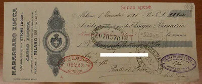 RABARBARO ZUCCA ASSEGNO BANCARIO DA 229,4 LIRE MILANO 1928 #F227