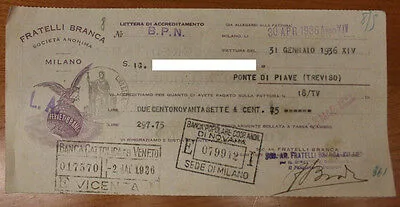 FRATELLI BRANCA FERNET LETTERA DI ACCREDITAMENTO DA 297,75 LIRE MILANO 1936 #F283