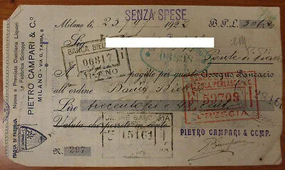 PIETRO CAMPARI & C. ASSEGNO BANCARIO DA 306,40 LIRE MILANO 1922 #F311