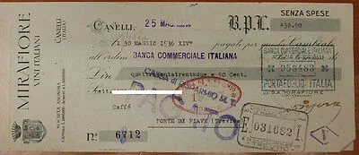 MIRAFIORE VINI ITALIANI CAMBIALE DA 432,90 LIRE CANELLI 1936 #F273