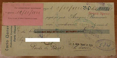 PORTO MAURIZIO 1922 CARLO DANERI & FIGLIO ASSEGNO DA 2008,70 LIRE #F216