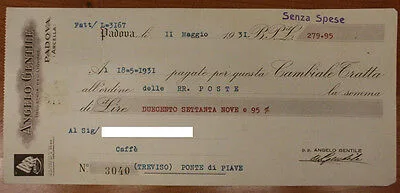 ANGELO GENTILE CAMBIALE DA 279,95 LIRE PADOVA 1931 #F275