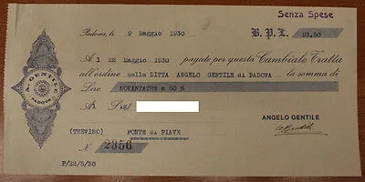 ANGELO GENTILE CAMBIALE DA 93,50 LIRE PADOVA 1930 #F276