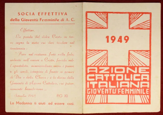 Tessera Azione Cattolica Italiana Gioventù Femminile1949 MANTOVA #T412