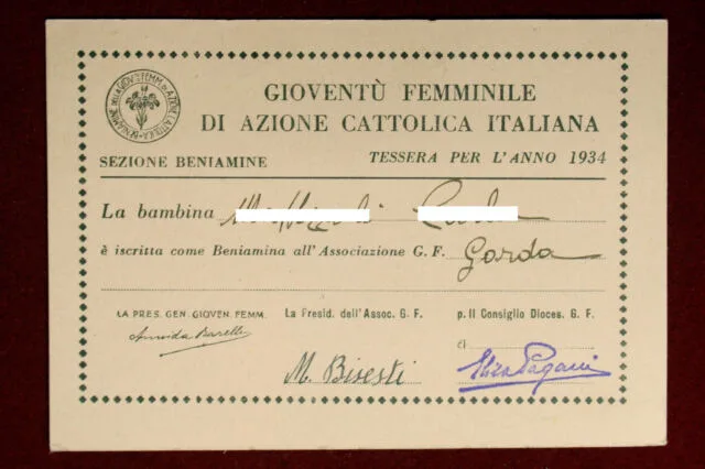 Tessera Gioventù Femminile di Azione Cattolica Italiana 1934 GARDA VR #T399