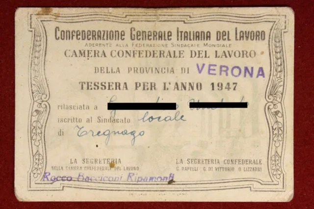 Tessera Confederazione Generale Italiana del Lavoro 1947 VERONA #T336