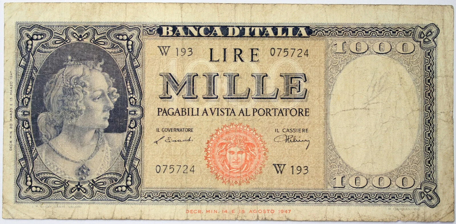 ITALIA 1000 LIRE donna Perlata Medusa 1947 Serie Sostitutiva W 193 R2 #BI 1.
