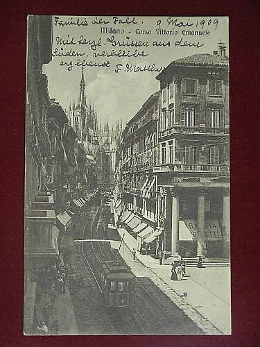 MILANO Corso Vittorio Emanuele tram animata viaggiata anni 10 f/p #7350