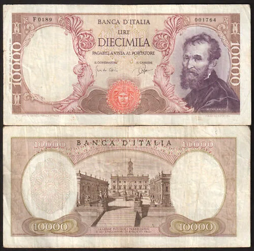 ITALIA 10.000 LIRE Michelangelo 27/07/64 R2 #BI 51