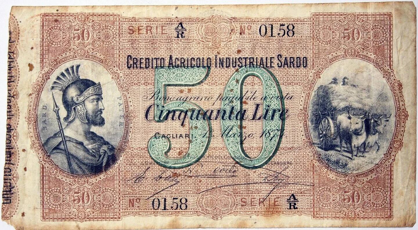 50 LIRE CREDITO AGRICOLO INDUSTRIALE SARDO BANCONOTA 1874 CIRCOLATA #BI 22