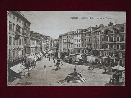 TRIESTE Piazza della Borsa animata tram viaggiata 1920 f/p #1055