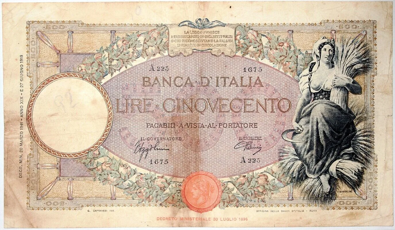 REGNO ITALIA 500 LIRE MIETITRICE FASCIO 20/03/1941 #BI 146