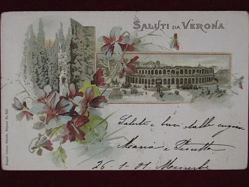 SALUTI DA VERONA floreale flowers viaggiata 1901 #1169