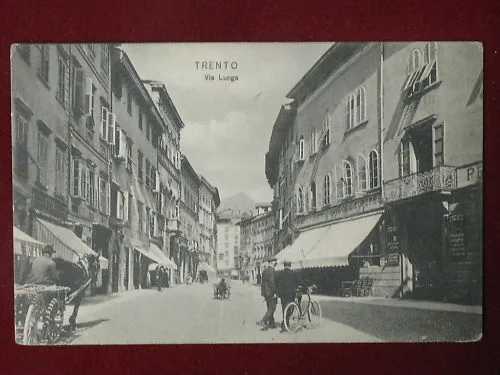 TRENTO Via Lunga viaggiata anni 20 animata bici carri #3204