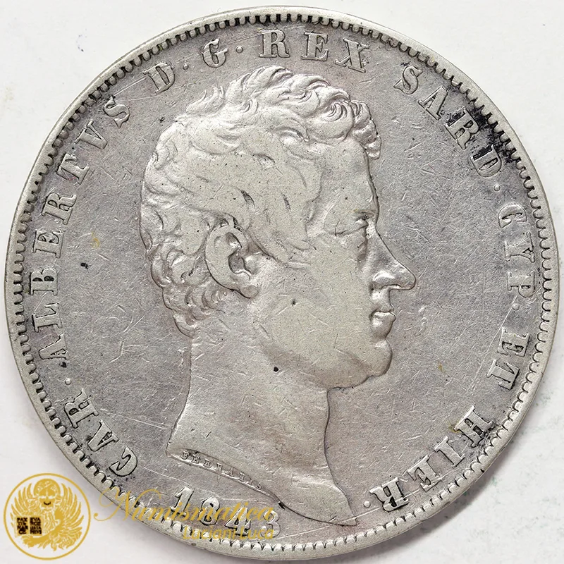 Regno di Sardegna CARLO ALBERTO 5 Lire 1843 Genova Ag #2356
