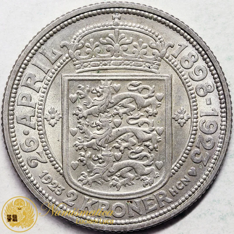 DANIMARCA 2 Corone 1923 Anniversario Nozze argento #4335