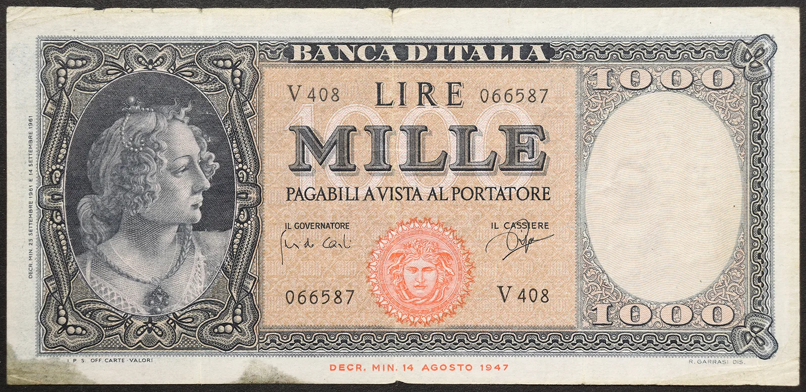ITALIA 1000 Lire 25/09/1961 Busto d’Italia Medusa BB Alfa 699 #BI 232