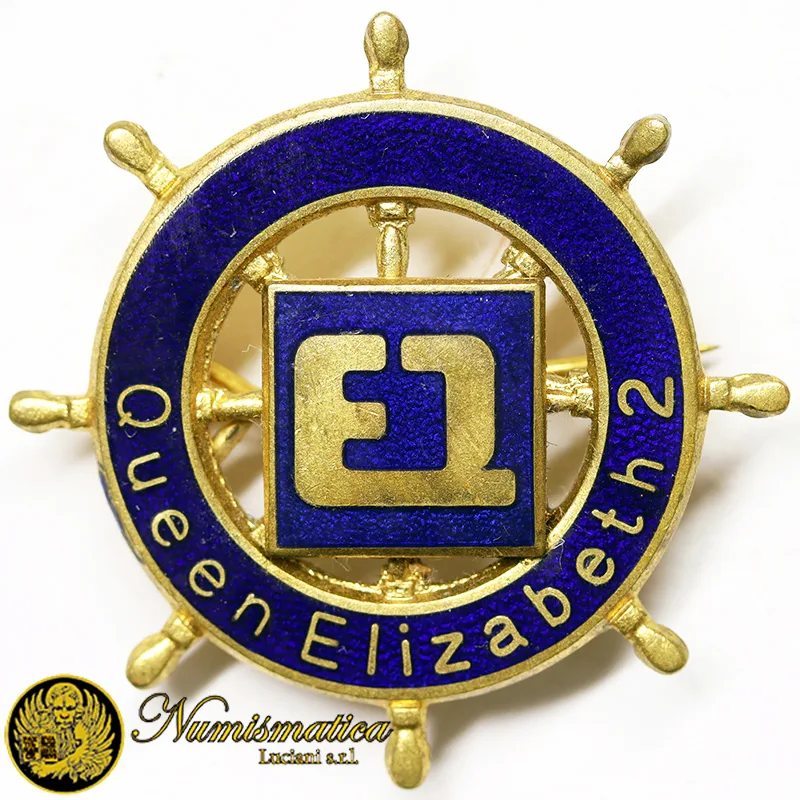 Spilla TIMONE NAVE QUEEN ELIZABETH 2 Cunard Lines Cruise Ship con smalti Ø 33 mm #C155