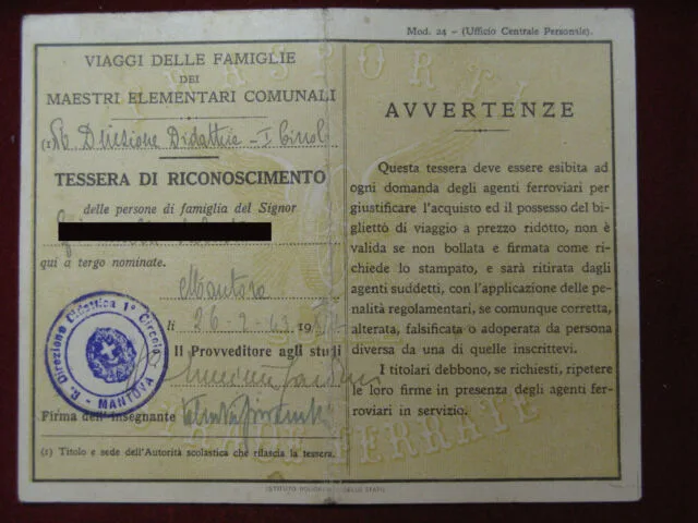 TESSERA Viaggi Famiglie Maestri Elementar 1943 #T190