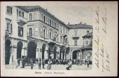 BIELLA Palazzo Municipale animata carrozze viaggiata 1905 f/p #1326